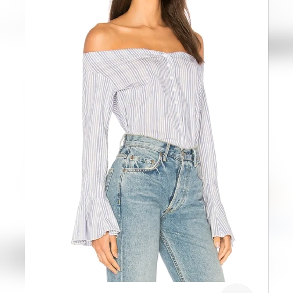Free People Tops - Free People Striped Blue Off Shoulder Blouse Bell Sleeve XS